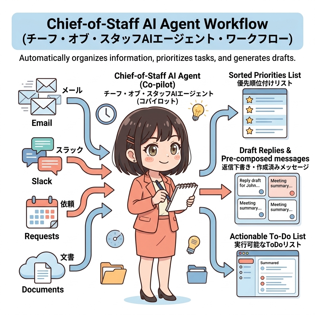 chief-of-staffエージェントの概要図。メール・Slack等の受信トレイをClaudeが整理し、優先度分類と返信下書きを自動生成する流れ。