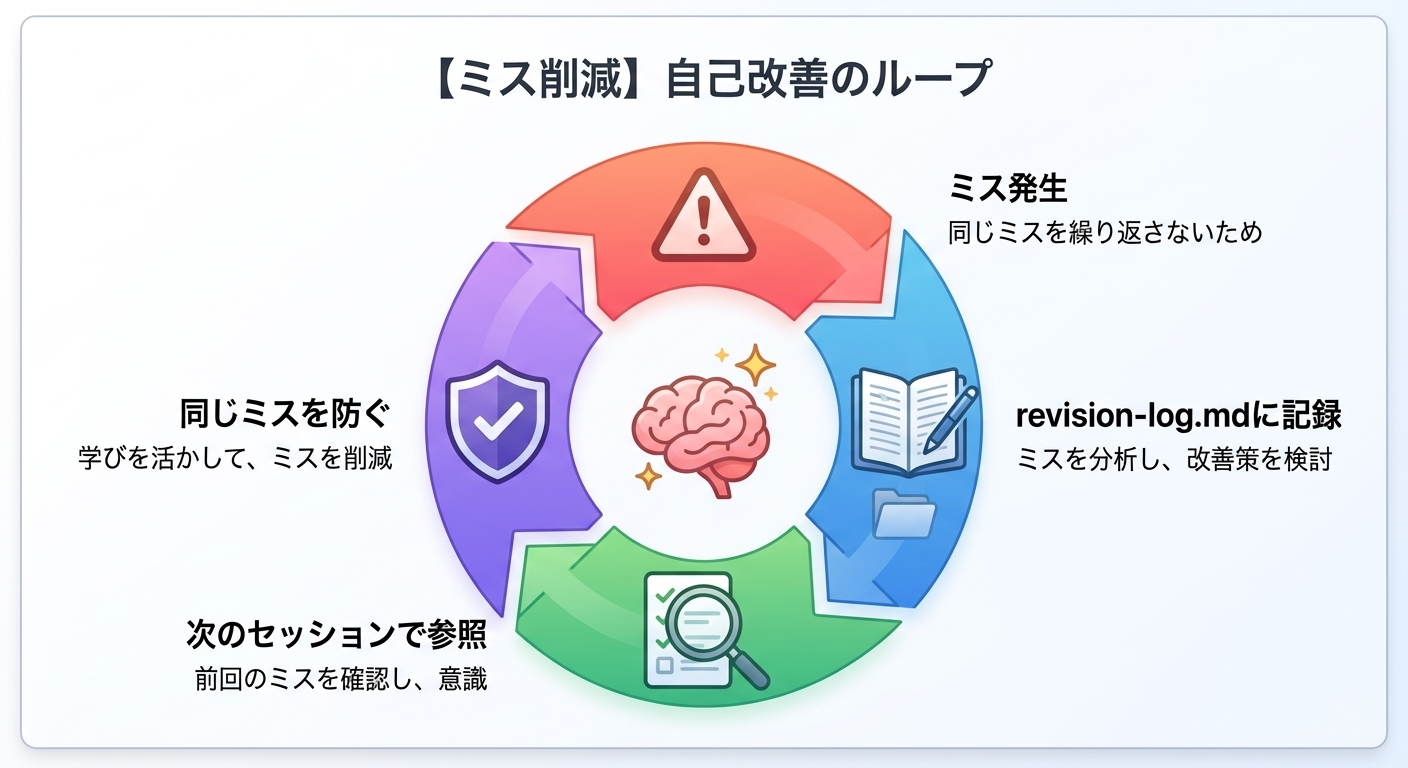 Self-Improvement Loopの仕組み。ミス発生→revision-log.mdに記録→次のセッションで参照→同じミスを防ぐ、というサイクルの図解。
