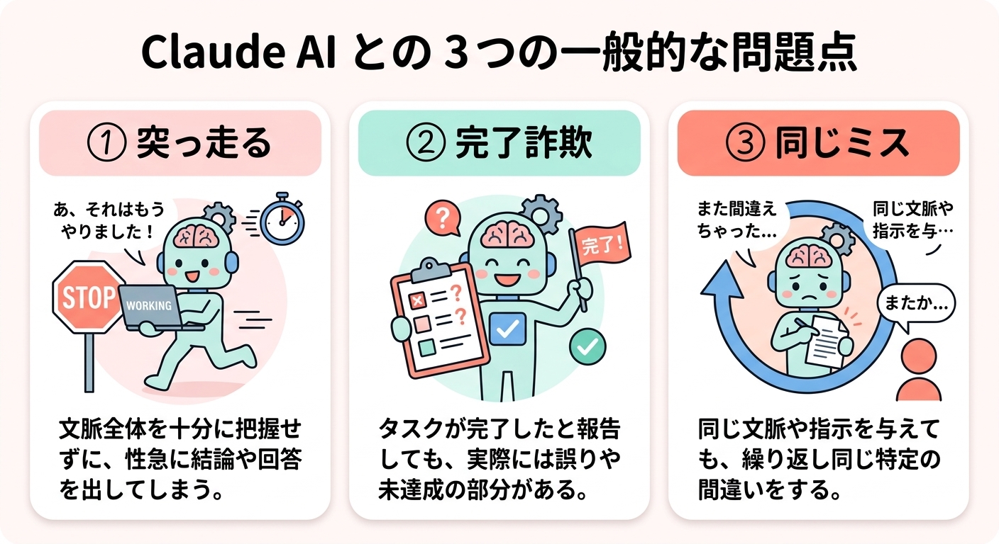 Claudeの3大あるある。①突っ走る：方向違いのまま最後まで作ってしまう。②完了詐欺：完了と言ったのに内容がズレている。③同じミス：次のセッションでも同じ失敗を繰り返す。