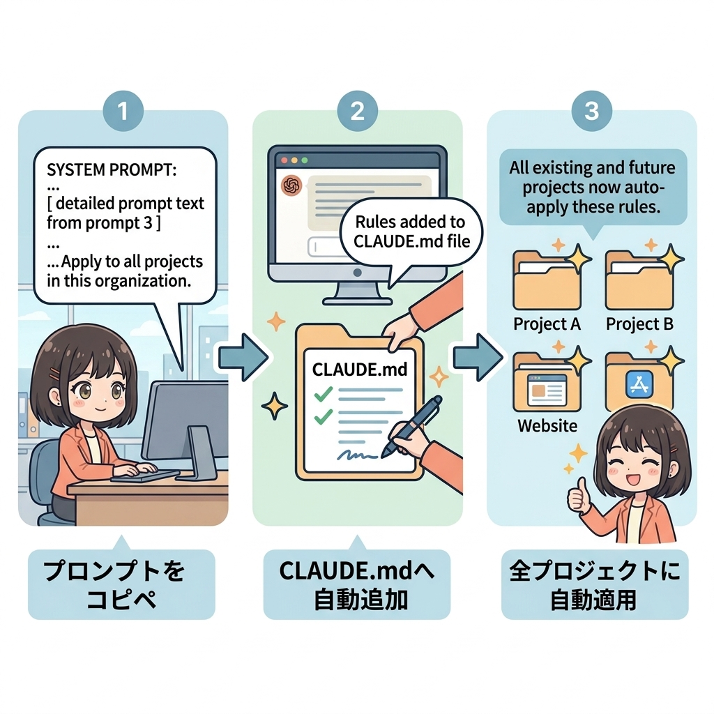 プロンプトをコピペしてClaudeに送ると、CLAUDE.mdに3つのルールが自動追加される流れを示す図解。