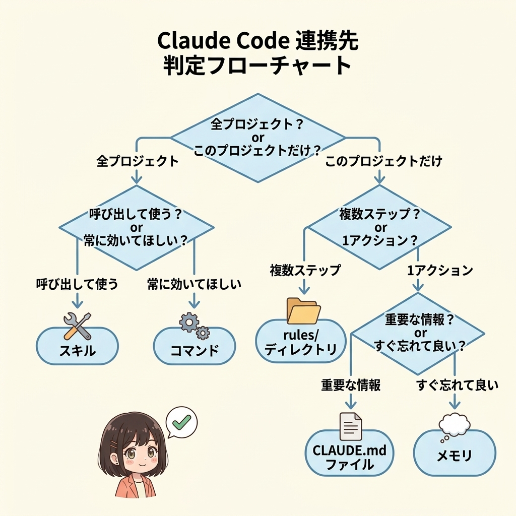 保存先を決める3つの質問のフローチャート。Q1:全プロジェクト?このプロジェクトだけ?→Q2:呼び出して使う?常に効いてほしい?→Q3:複数ステップ?1アクション?の順で分岐する。