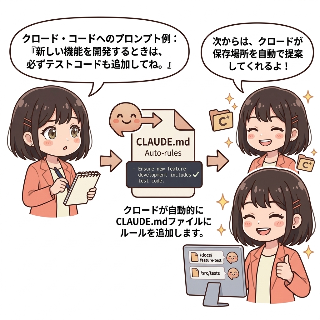 グローバルCLAUDE.mdに保存先自動判断ルールが追記されているイメージ。プロンプトを送る→Claudeが追記→次回から自動提案、の流れを示す図解。
