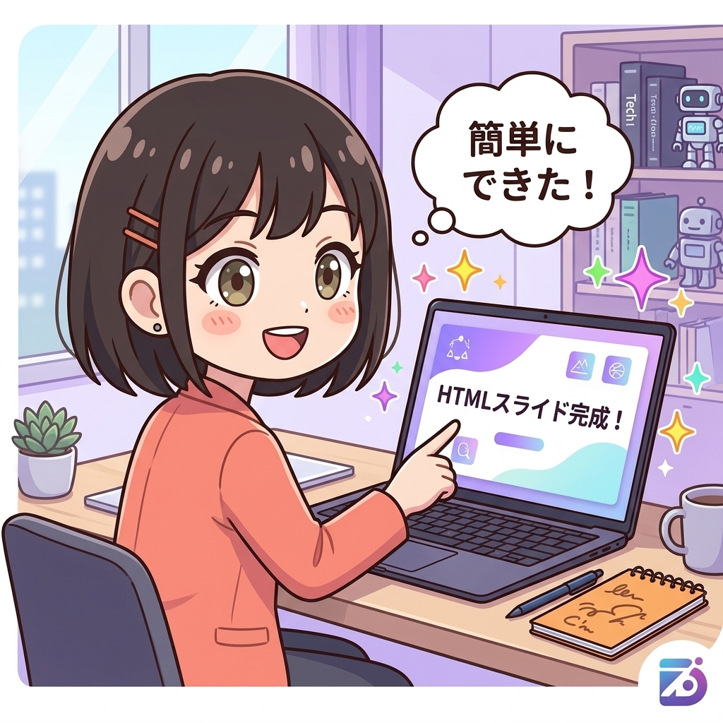 ブラウザで動くHTMLスライドの概念図。キーボード・タッチ・スワイプで操作できるアニメーション付きプレゼン