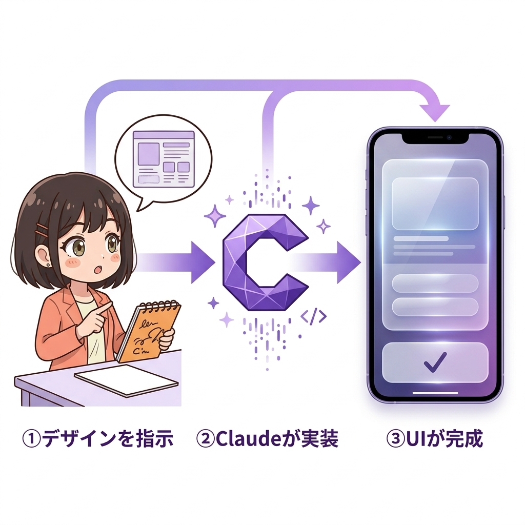 デザイナーがClaudeに指示を出してLiquid Glassコードを受け取るフロー図